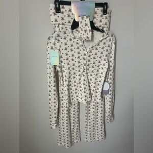 Viral Teddy Bear Henley Top and Fold over pants Pajamas & Headband Set